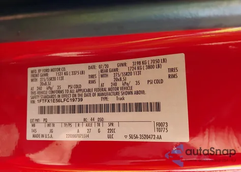 2020 Ford F-150 Xl z USA, uszkodzony, nr VIN 1FTFX1E56LFC19739